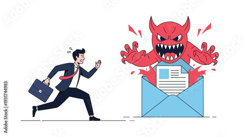 Businessman in suit runs away from large red angry monster leaping out of email letter representing digital security threat.