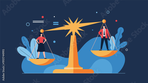 Businessman and businesswoman stand on two sides of large golden scales representing gender equality and balance in workplace.