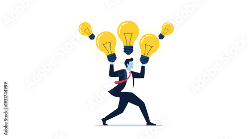 Focused business leader carrying several large glowing light bulbs on his head symbolizing the burden and power of creative ideas.