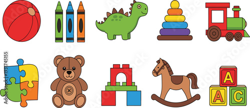 Kids Toy Vector Set with Teddy Bear Blocks Train Dinosaur Ball Puzzle and Crayons for Preschool Learning and Playtime Design.