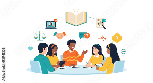 Collaborative Learning, Research, and Consultation Vector Illustration. Diverse team discussion, knowledge sharing, online education, and complex problem-solving concept.