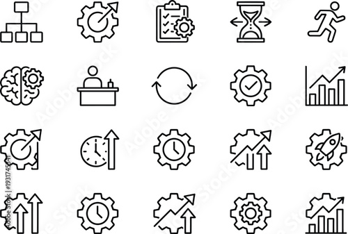 Business process optimization and productivity line icons set with workflow growth performance management vector illustration collection