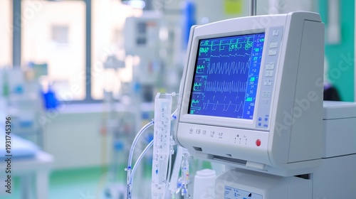 Wallpaper Mural A medical monitor displays vital signs in a bright healthcare environment with various equipment Torontodigital.ca