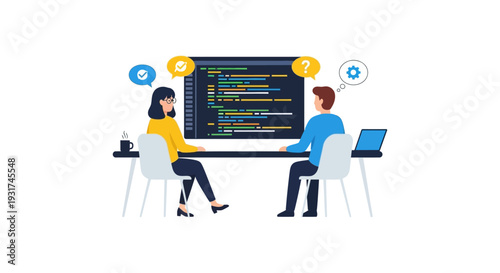 Software Developers Collaborating on Code Debugging and Testing. Flat Design Pair Programming Illustration.