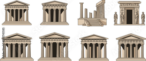 Collection of ancient Greek temples and ruins with Doric and Ionic columns, pediments, archaeological sites, classical architecture, historic cultural heritage structures