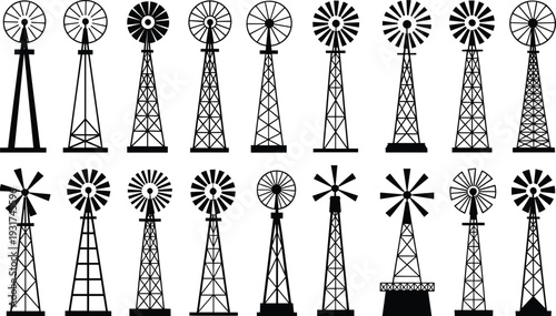 Black and white vector set of windmill silhouettes featuring vintage farm wind turbines isolated for rural landscape, agriculture and renewable energy design