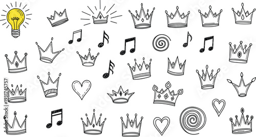 Hand drawn doodle crown collection with music notes hearts spiral and light bulb sketch icons isolated on white background vector illustration