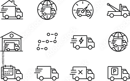 Collection of delivery truck service line icons including global shipping warehouse tracking and express transportation symbols isolated on white background