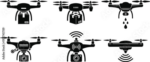 Drone silhouettes set with camera delivery package and spraying functions isolated on white background unmanned aerial vehicle technology vector illustration collection