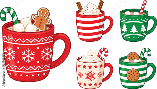 Collection of festive Christmas mugs with hot chocolate marshmallows candy canes and cookies isolated on white background vector illustration