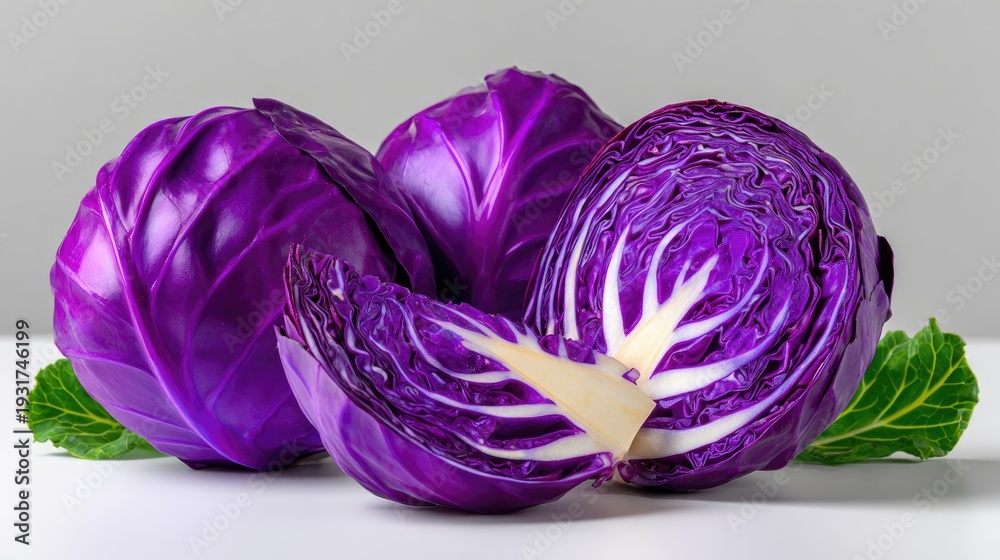 Fototapeta premium Fresh and Vibrant Purple Cabbage Varieties with Green Leaves on a Clean Surface for Healthy Cooking and Nutrition Themes