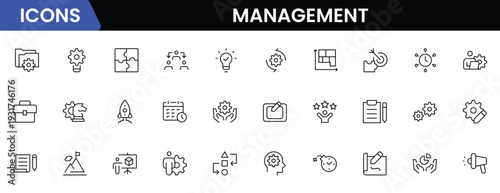 Management icon set. Contains such icons as schedule, human resource, management, development, planning, strategy, and more. Time management and planning concept