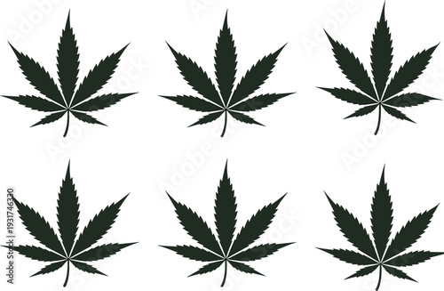 Green cannabis leaf vector set isolated on white background featuring detailed marijuana plant silhouettes for medical hemp branding and design use