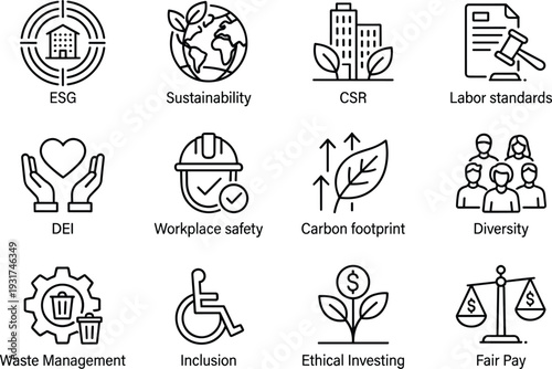 ESG sustainability and corporate social responsibility line icons set with diversity inclusion carbon footprint ethical investing vector illustration collection