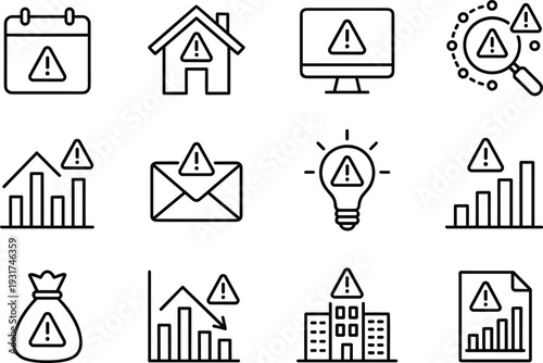 Financial risk and warning alert line icons set with fraud security loss analytics vector illustration collection