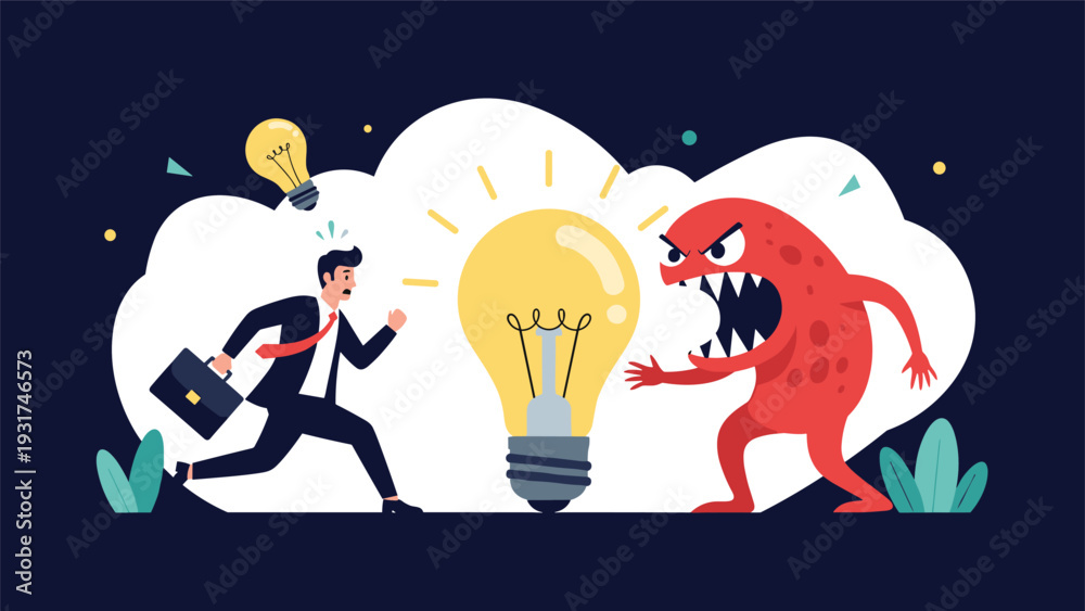 Naklejka premium Determined businessman running towards a bright lightbulb idea while being chased or challenged by a large red monster figure.