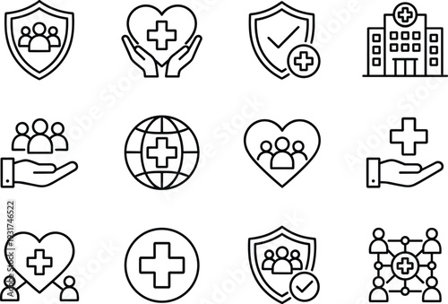 Healthcare protection and medical insurance line icons set with hospital patient care global health vector illustration collection