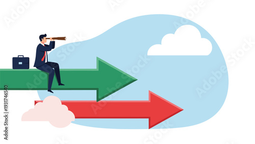 Businessman sitting on a green upward arrow using a telescope to look for opportunities with a red arrow pointing in another direction.