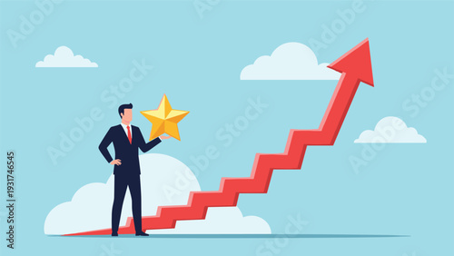 Successful businessman holding a gold star while standing beside a rising red jagged arrow representing growth and career achievement.
