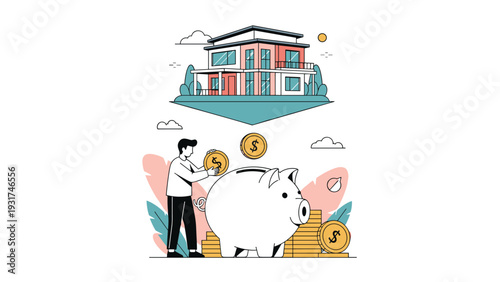 Man putting gold coins into a large piggy bank with a modern house pictured in a bubble above representing saving for a home.