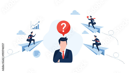 Confused man with a question mark over his head watching other businessmen fly away on paper airplanes representing different paths.