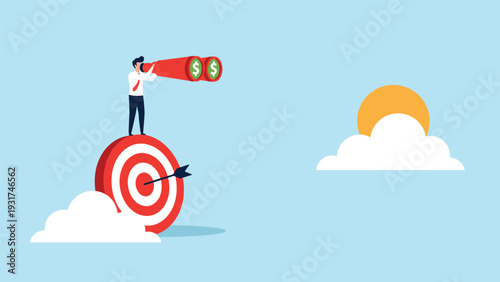Businessman standing on top of a target using binoculars with dollar symbols to search for financial goals or investment opportunities.