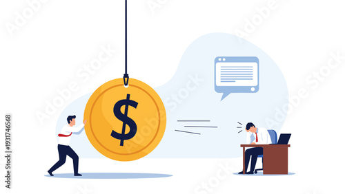 Businessman pushing a giant golden dollar coin towards an exhausted worker sitting at a desk illustrating debt or financial pressure.
