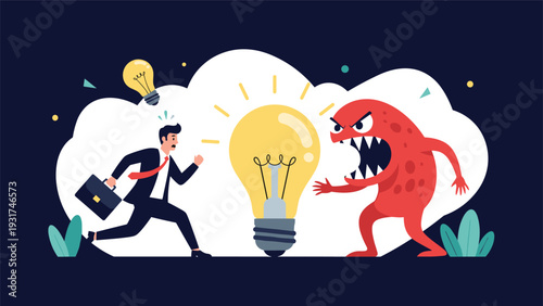 Determined businessman running towards a bright lightbulb idea while being chased or challenged by a large red monster figure.