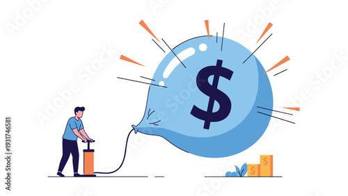 Businessman using a hand pump to inflate a giant blue balloon with a black dollar sign symbol on it representing inflation or growth.