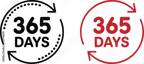 365 days cycle icon set with circular arrows in dotted black and solid green for warranty annual service and subscription design
