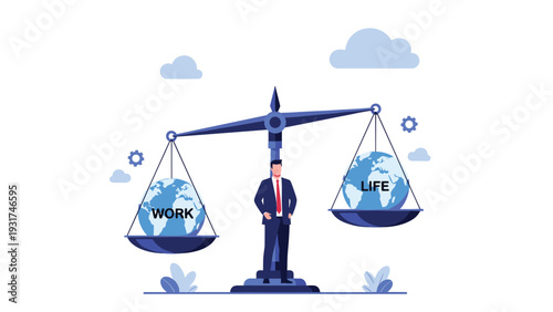 Businessman standing in front of a giant scale balancing two globes labeled work and life to represent professional harmony.