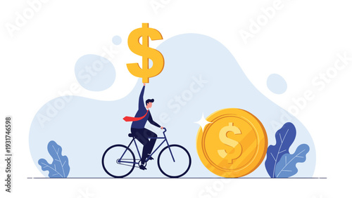 Businessman riding a bicycle while holding a giant gold dollar sign towards another large coin symbolizing financial pursuit and effort.
