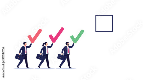Three business professionals carrying red and green check mark symbols towards a large square box to represent task completion.