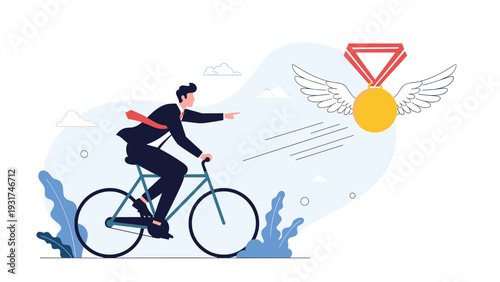Determined businessman riding bicycle towards large gold medal with wings to reach professional success and glory.