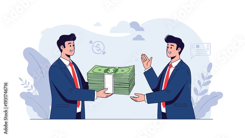 Professional business partners in suits exchanging thick stack of cash to complete a successful financial deal.