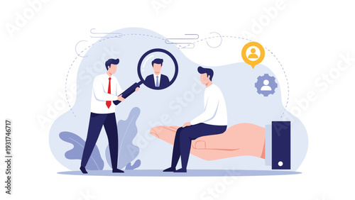 Professional recruiter using large magnifying glass to examine potential candidate sitting on giant corporate hand.