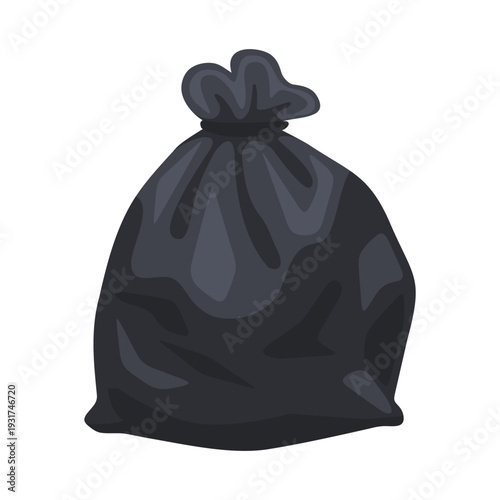 Cartoon style black trash bag isolated on white, representing waste management and disposal.