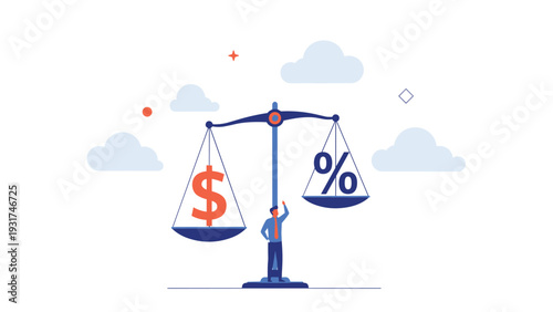 Thoughtful businessman balancing orange dollar sign and dark blue percentage sign on classic golden justice scales.