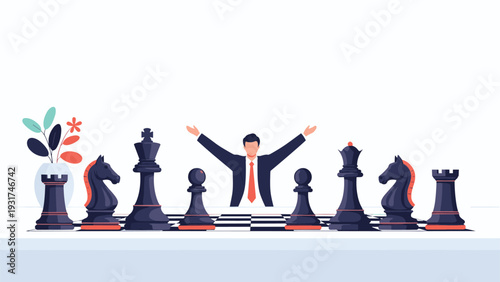 Proud businessman raising arms in victory behind row of large chess pieces representing successful business strategy.