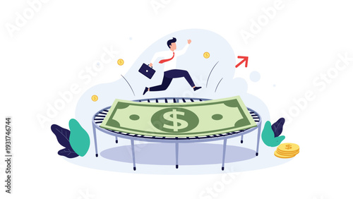 Joyful businessman jumping high on giant dollar bill trampoline to symbolize rapid financial recovery and corporate growth.