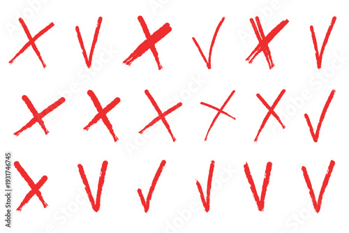 Hand drawn brush stroke red cross mark and check mark. Paintbrush cross, ban, refusal, answer. Strikethrough text and important objects. Stock vector illustration isolated on white background.