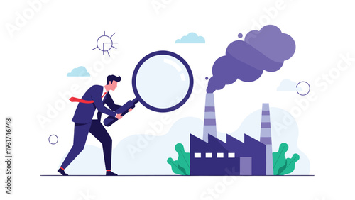 Environmental inspector using large magnifying glass to examine factory emissions and industrial pollution levels.