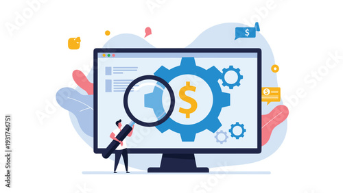 Financial analyst using magnifying glass to examine golden dollar sign inside blue gear on large computer monitor.