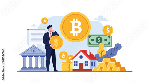 Thoughtful businessman considering various investment options including bitcoin gold property and banking assets.