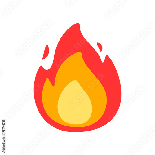 Cartoon Flame Burning Brightly with Yellow, Orange, and Red Embers on a White Backdrop