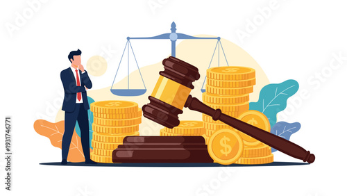 Concerned businessman standing next to large wooden gavel and stacks of golden coins for legal financial matters.