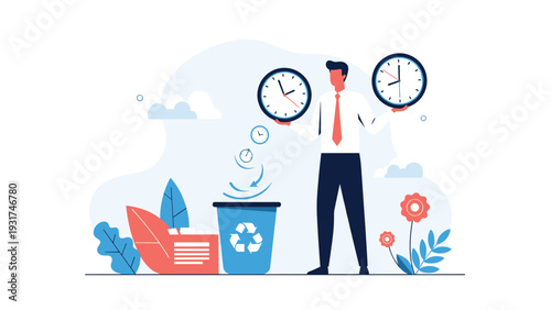 Professional male throwing large white clocks into blue recycle bin to symbolize his efficient time management habits.