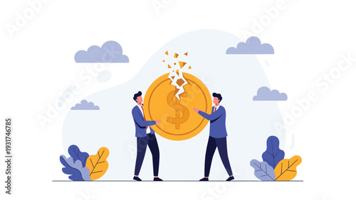 Two business partners trying to hold together a large cracking golden dollar coin representing financial crisis.