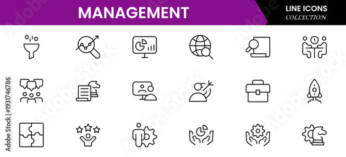 Management icon set. Contains such icons as schedule, human resource, management, development, planning, strategy, and more. Time management and planning concept