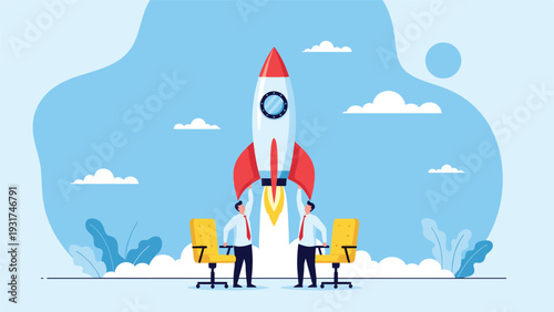 Two professional partners working together to launch large space rocket to symbolize a new business startup success.